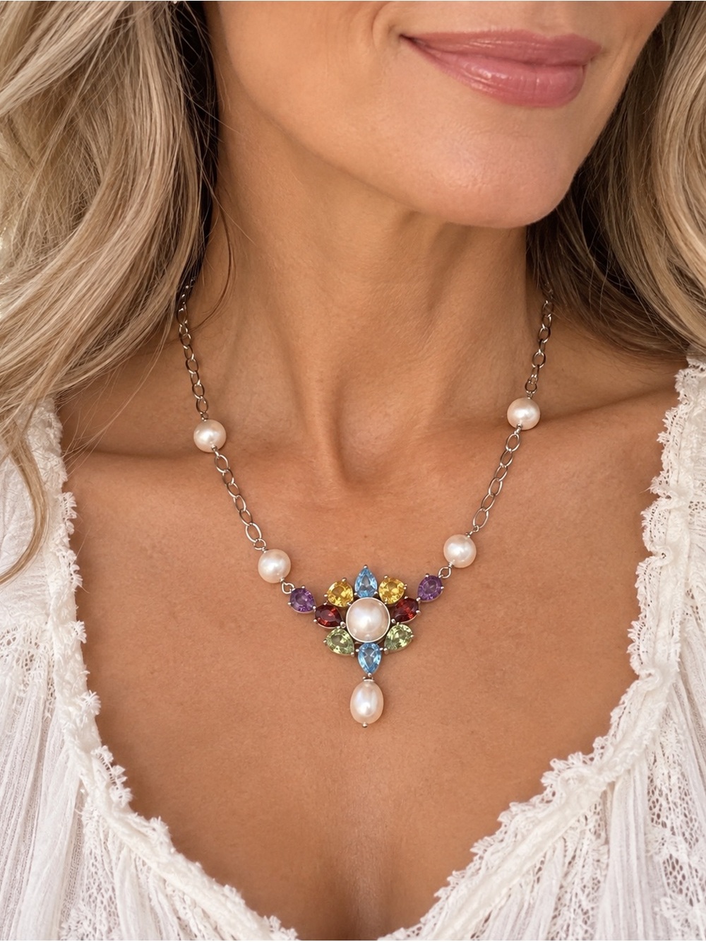 Ross Simon’s 925 Sterling Necklace With Gemstones and Pearls 16-18 Inches Long
